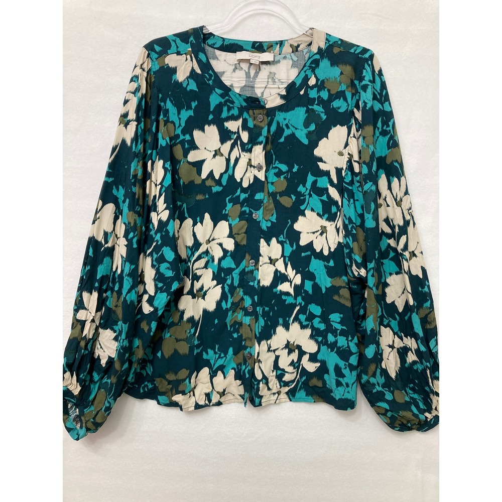 LOFT Button Down Shirt Size XL Blue Green Multi Floral Balloon Sleeve Preppy
